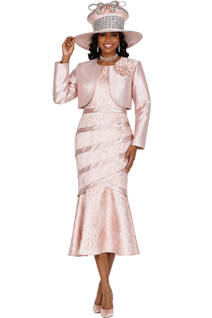 Champagne Italy 6107 Metallic Patterned Dress with Solid Bolero and Brooch - Especially Yours