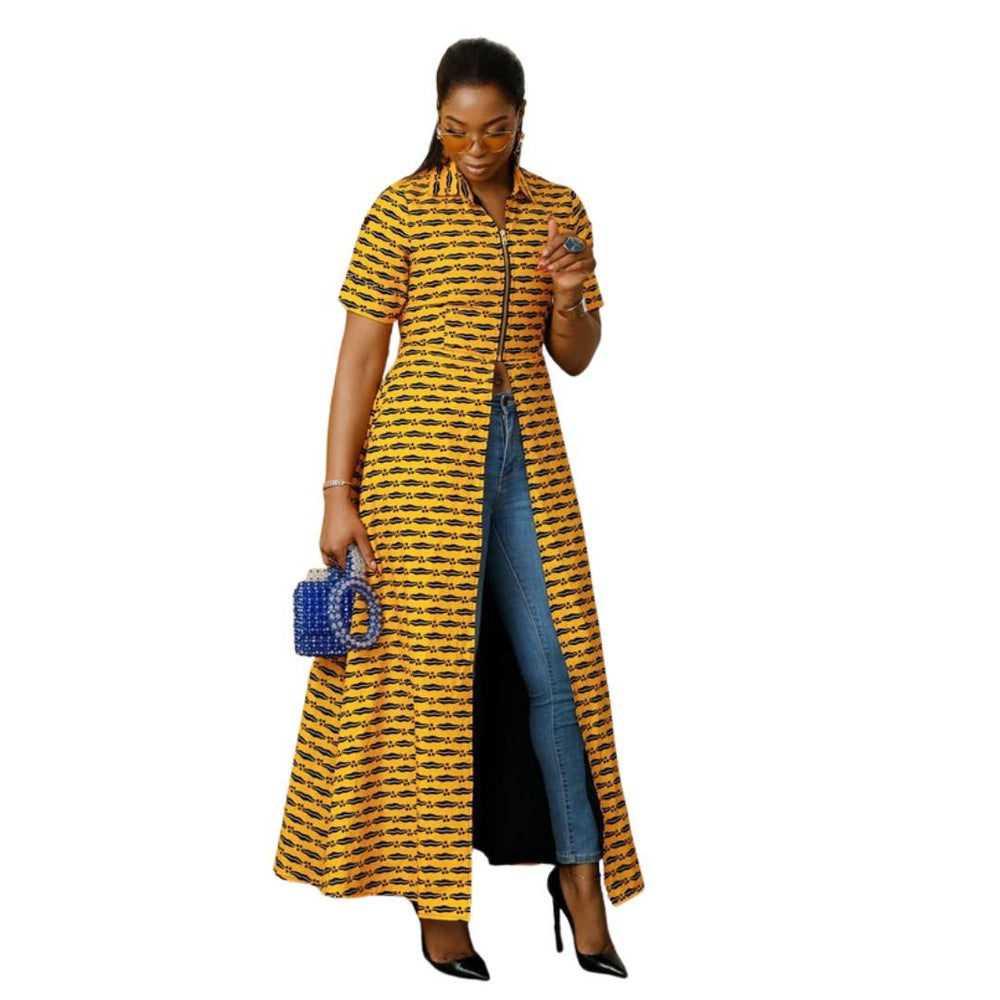 FOLA AFRICAN PRINT COLLARED ZIP FRONT TOP DRESS [YELLOW] - Especially Yours