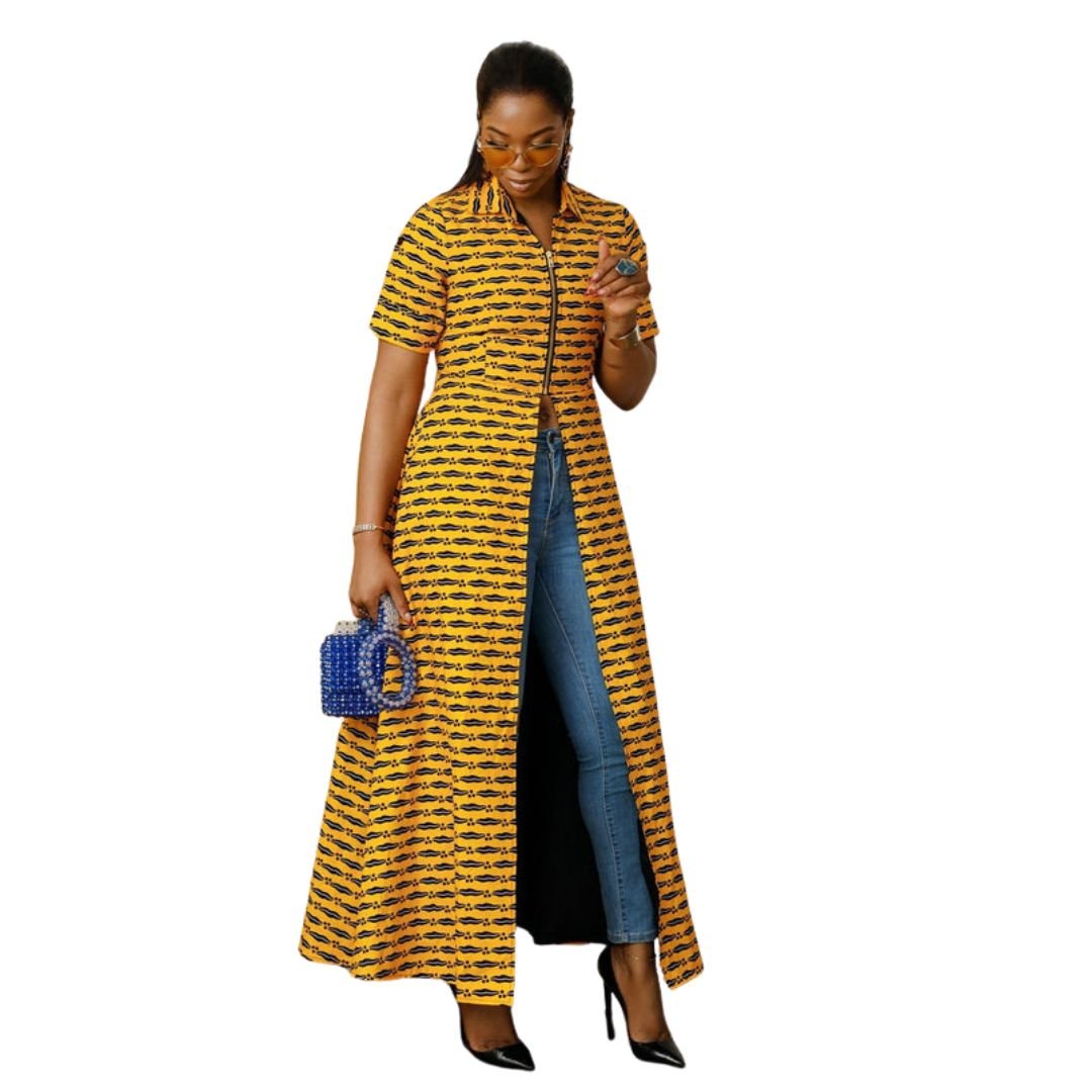 FOLA AFRICAN PRINT COLLARED ZIP FRONT TOP DRESS [YELLOW] - Especially Yours