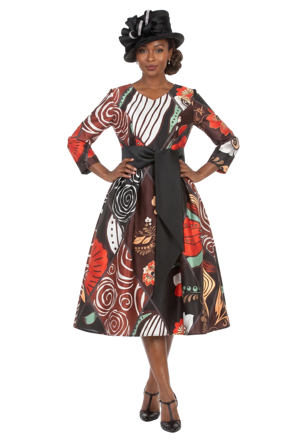 V-Neck LS Silky Twill Print Drs w/ Belt - Plus