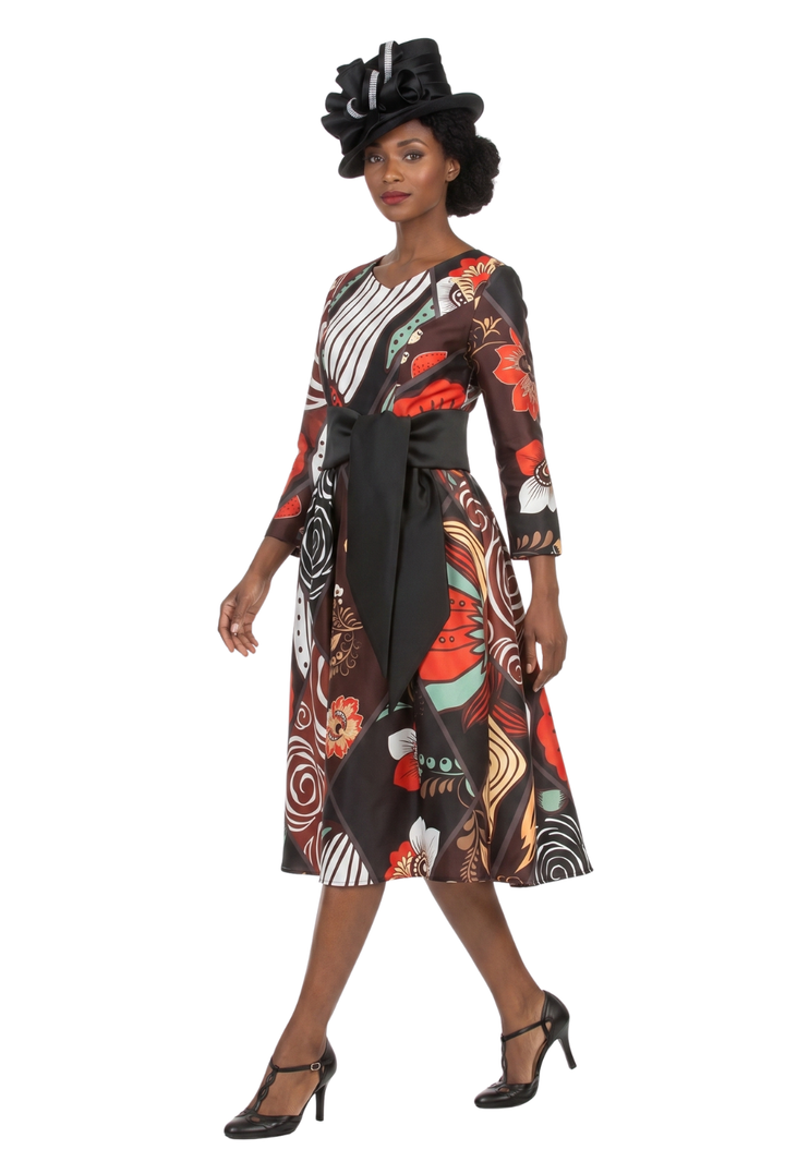 V-Neck LS Silky Twill Print Drs w/ Belt