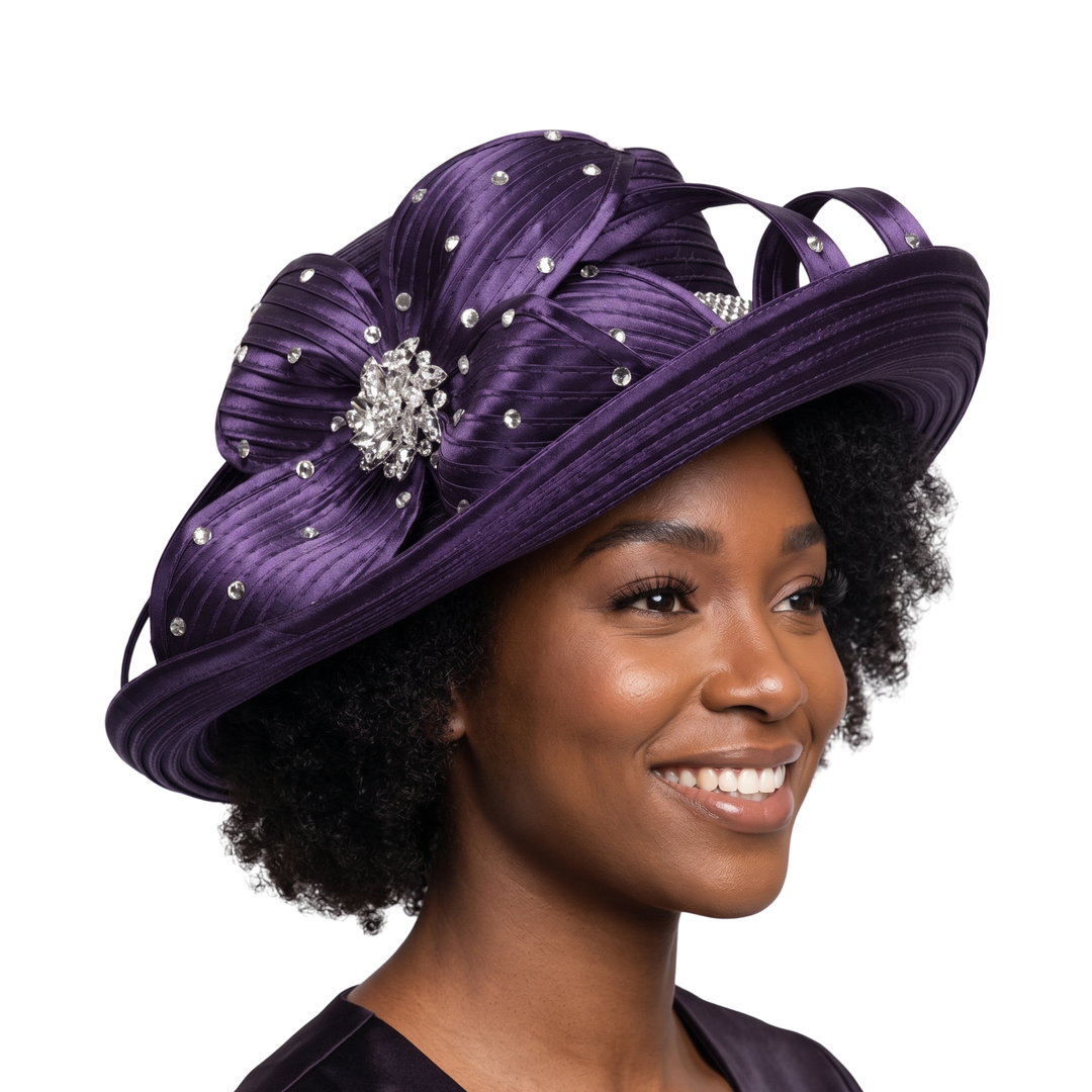 Rhinestone Med Brim Ribbon Hat w/ Flower