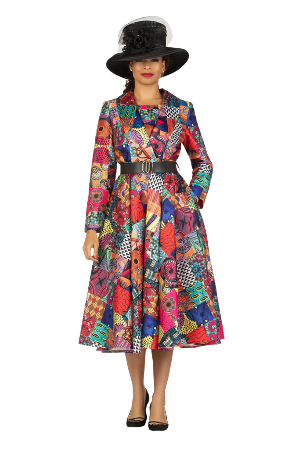 SHAWL COLLAR MULTI PRINT DRS W/ BELT