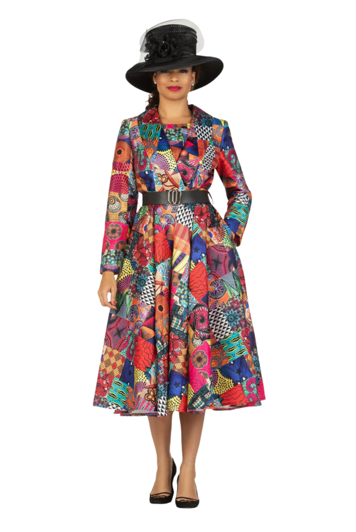 SHAWL COLLAR MULTI PRINT DRS W/ BELT