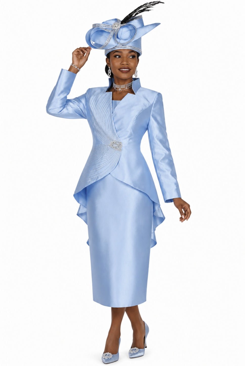 Elegant 2-Piece Rhinestone Shantung Dress Suit – Asymmetrical Jacket & Sheath Dress - 6259