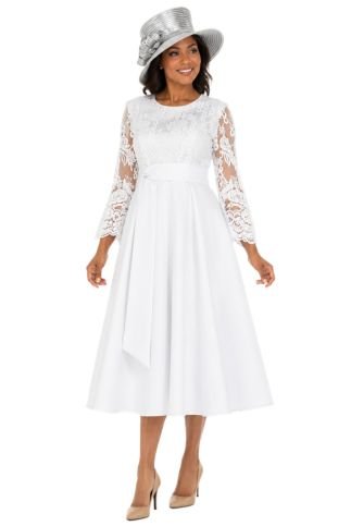 Graceful White Lace Slv Tea-Length Occasion Dress