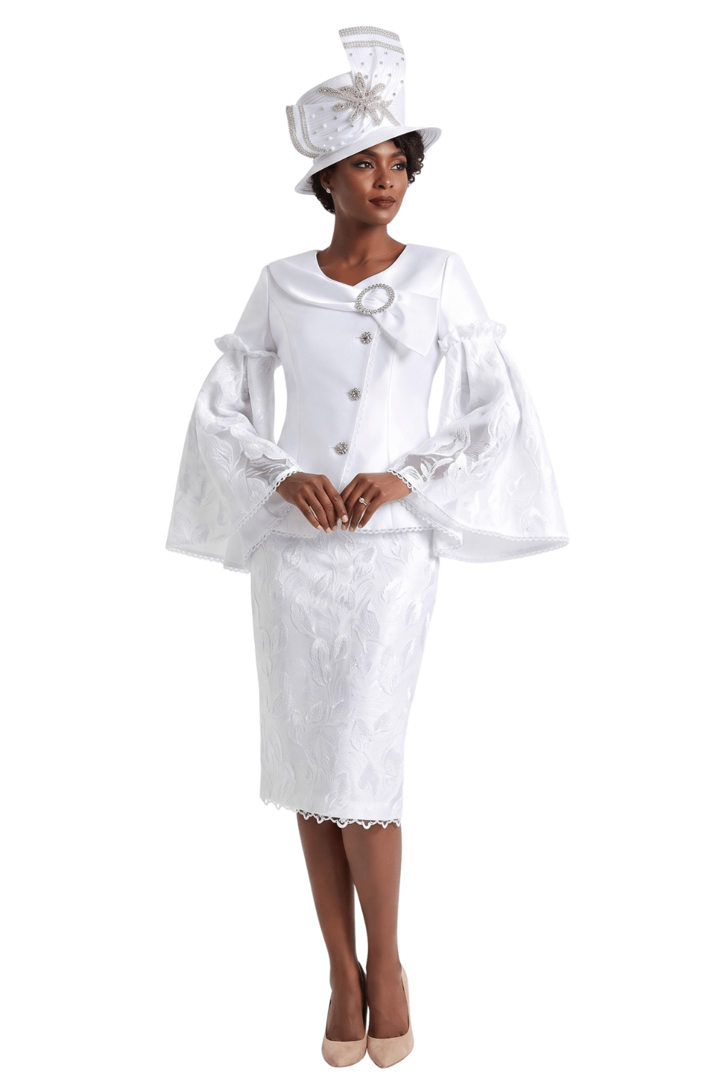 2pc Bell Slv Seq Lace&Silky Twill Skirt Suit Plus