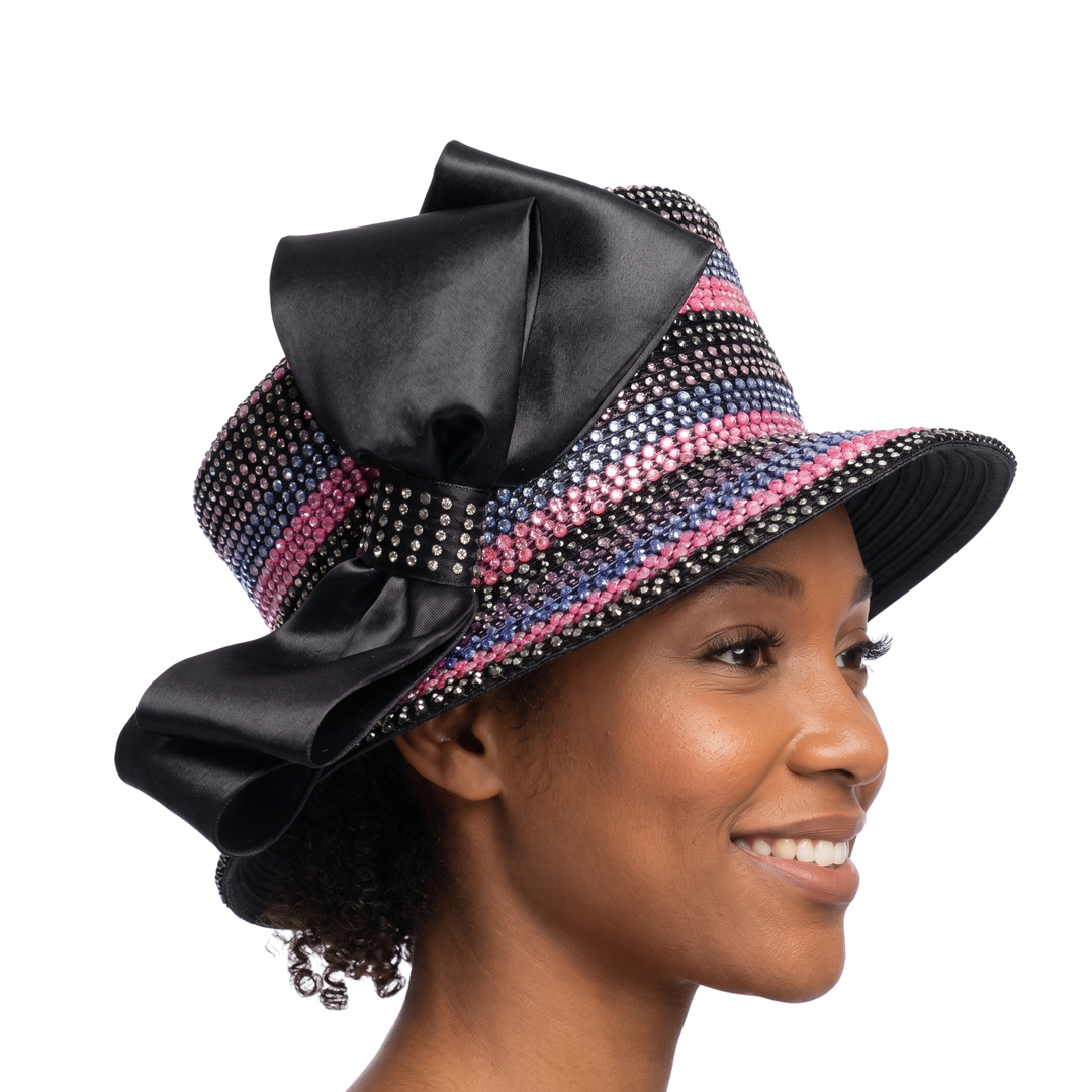 Rhinestone Striped Bow Wide-Brim Couture Hat