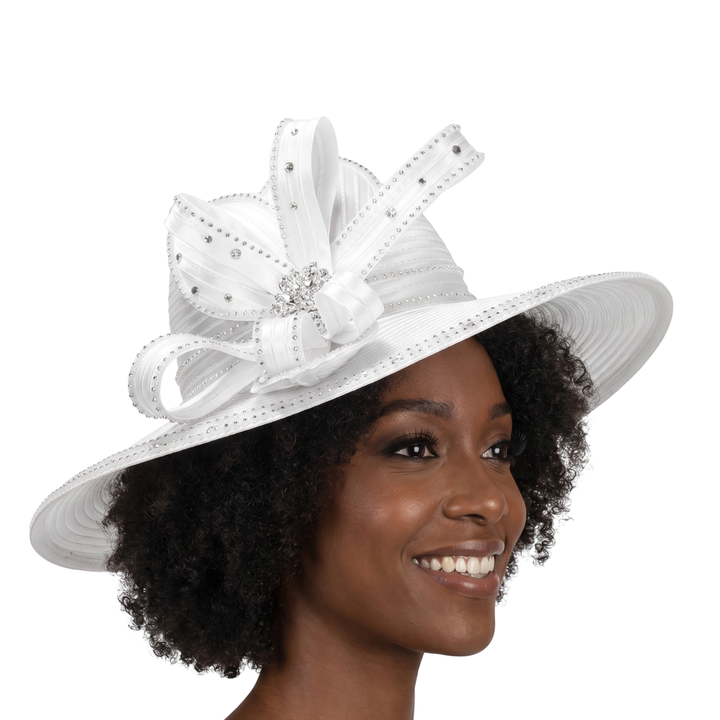 Wide Brim Rhinestoned Ribbon Hat
