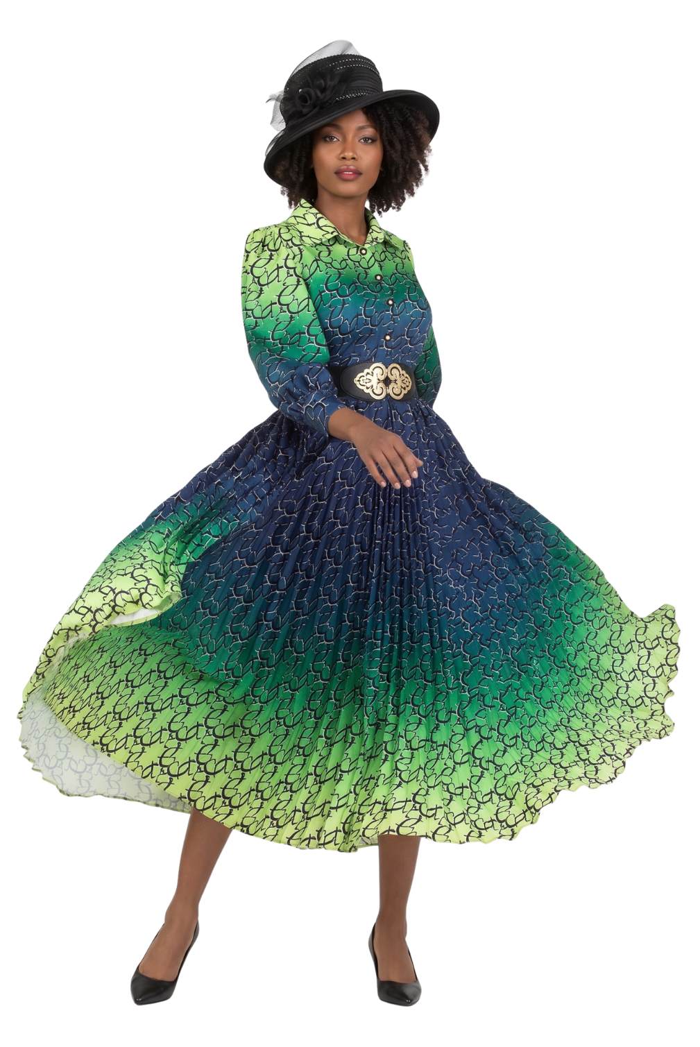 Ombre Print Flowy Pleats Drs w/ Belt
