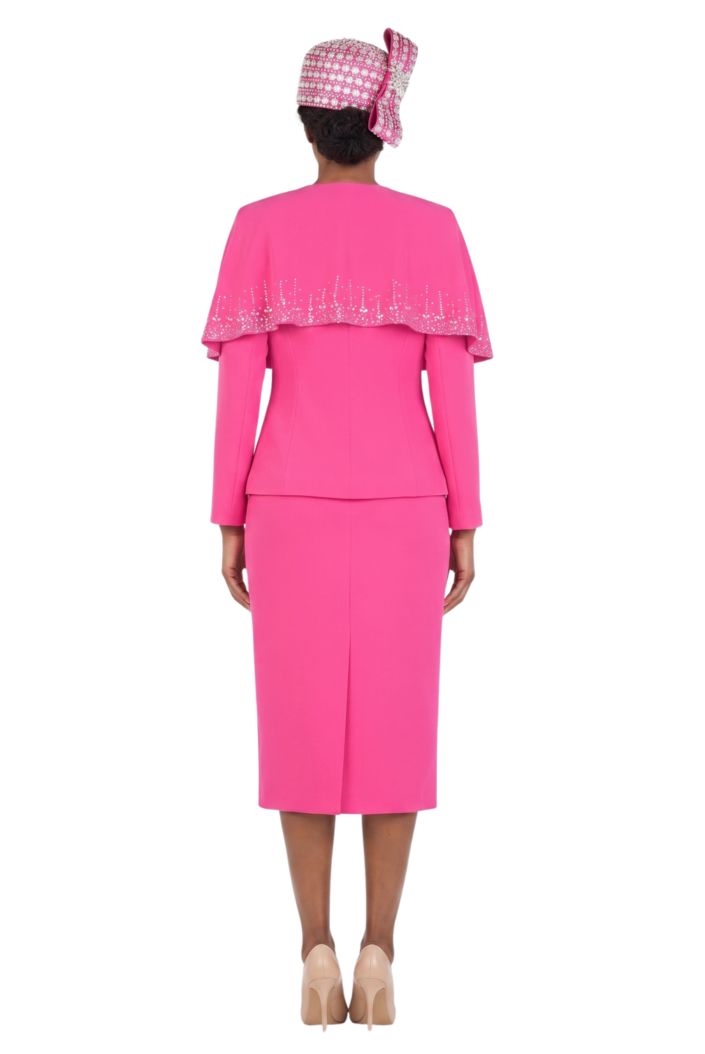 2-Piece Rhinestone Cape Skirt Suit with Stoned Cuffs – Plus Size