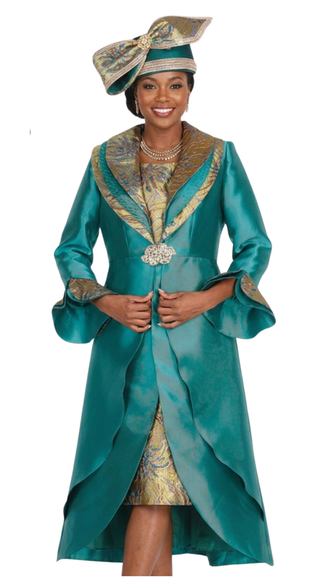 Elegant Elite Champagne 6160-GN Green Brocade Duster & Sleeveless Dress Suit