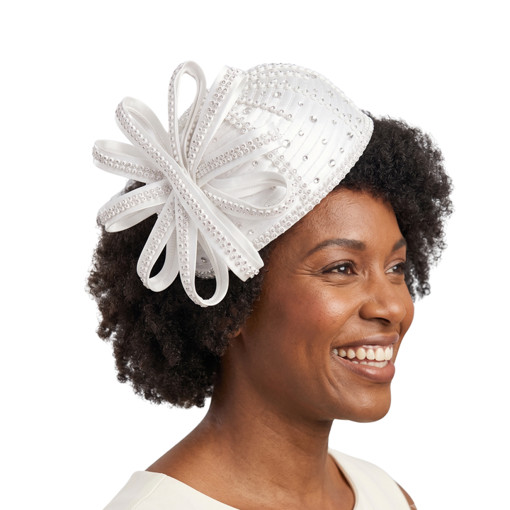 Round Pillbox Hat w/ Flwr Ribbon&Scattered Stones