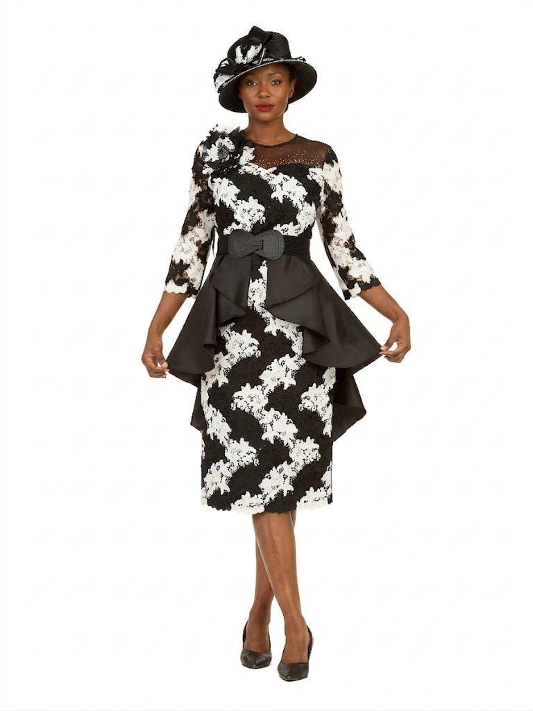 Two - Tone Lace Midi Dress w/ Rfl Peplum&Belt - Plus - Especially Yours