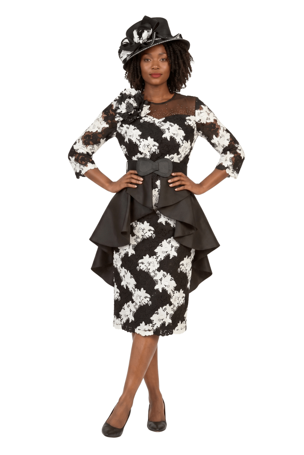 Two - Tone Lace Midi Dress w/ Ruffle Peplum&Belt - Especially Yours