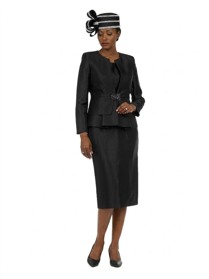 3pc Silky Twl Collarless Peplum Jkt Skt Suit-Plus