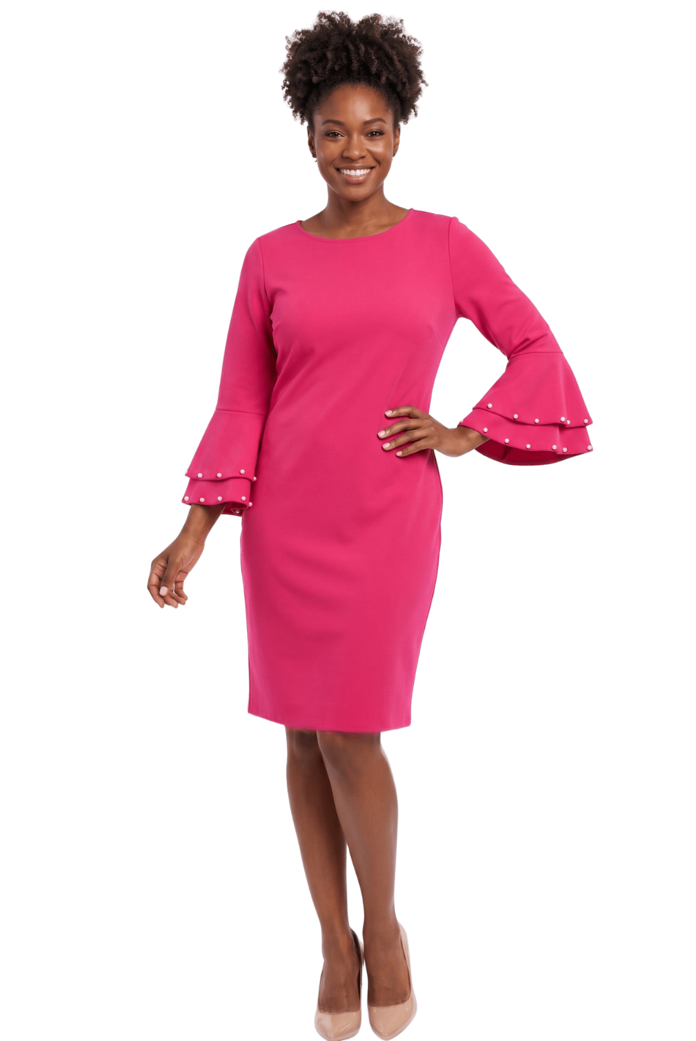 Pearl Trim Bell Sleeve Sheath Dress by Divine Apparel - Especially Yours