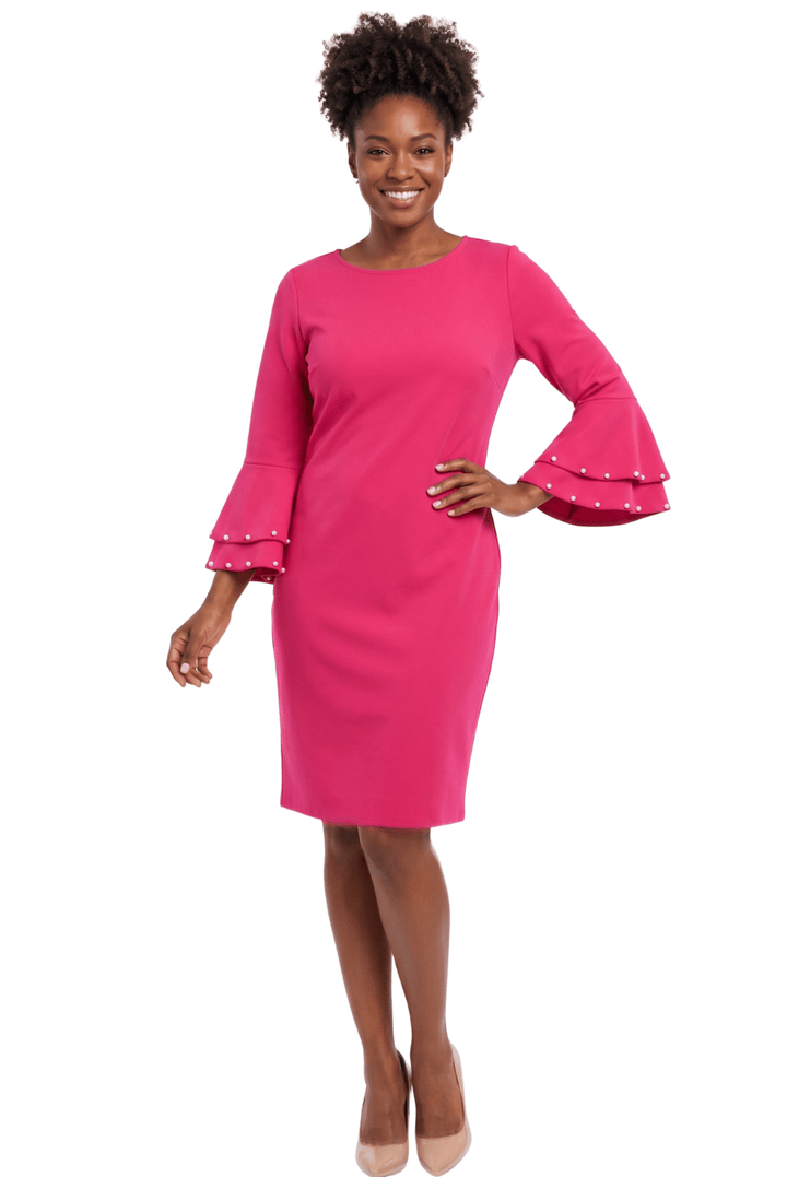Pearl Trim Bell Sleeve Sheath Dress by Divine Apparel - Especially Yours