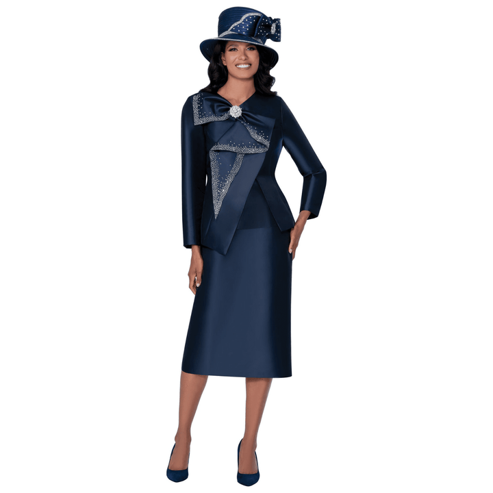 Three Piece Skirt Suit with Sparkle Trim Bow Collar and Rhinestone Center G400593 - Especially Yours