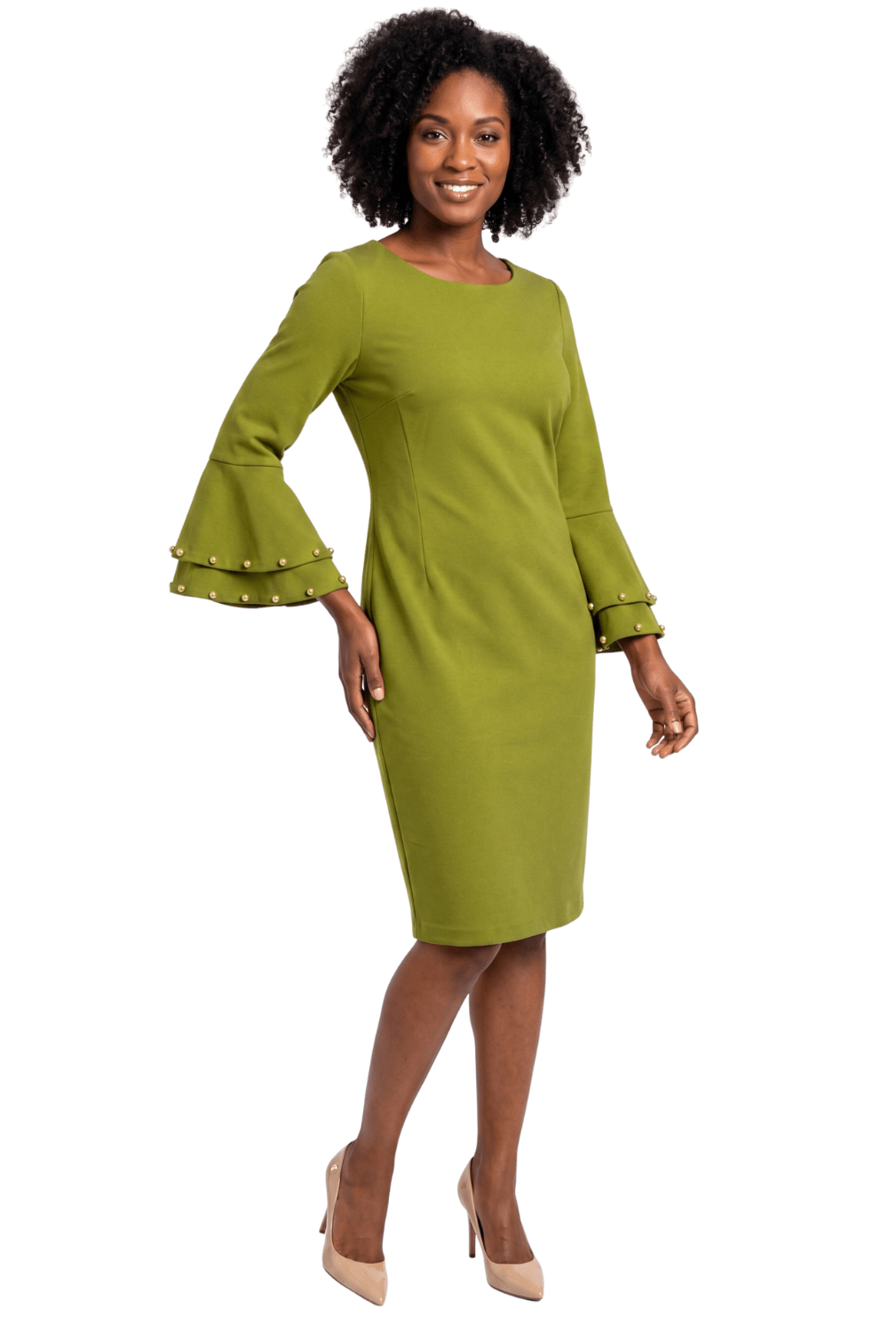 Pearl Trim Bell Sleeve Sheath Dress by Divine Apparel - Especially Yours