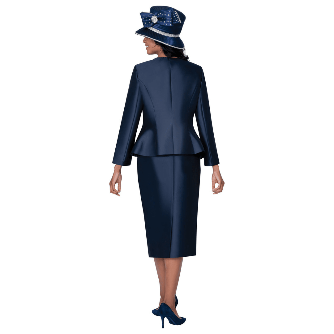 Three Piece Skirt Suit with Sparkle Trim Bow Collar and Rhinestone Center G400593 - Especially Yours