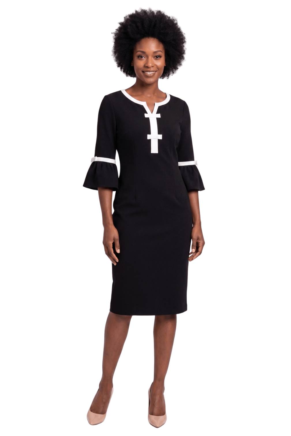 Contrast Trim Bell Sleeve Sheath Dress by Divine Apparel - Especially Yours