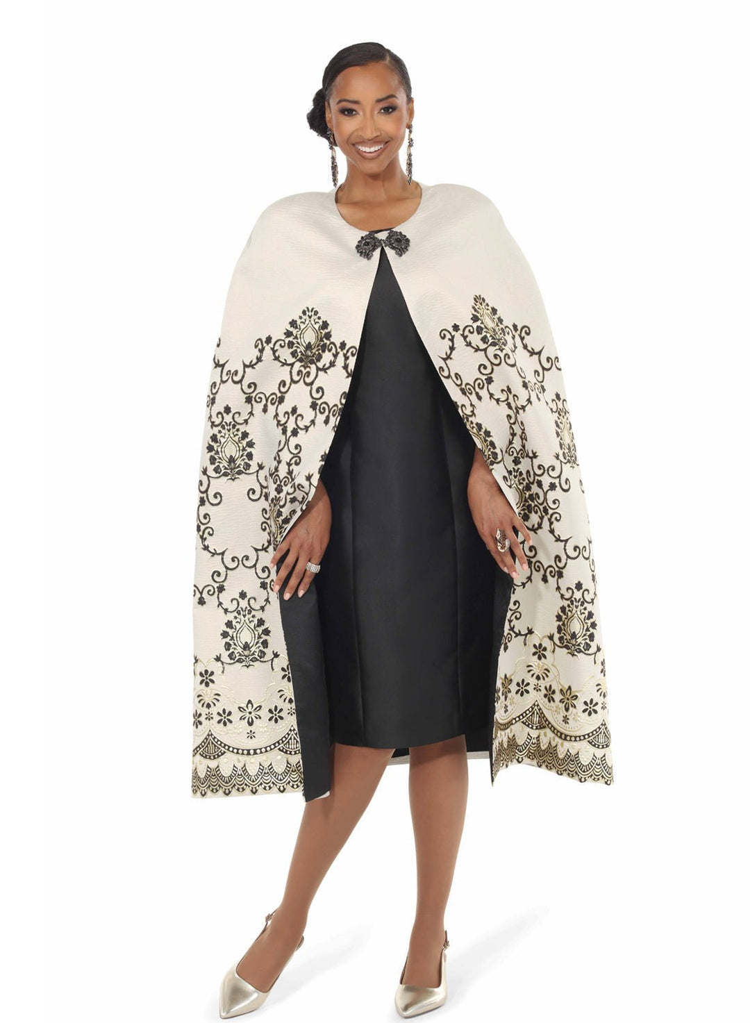 champagne embroidered cape and black dress set Lisa Rene – front view jeweled buckle closure | Especially Yours
