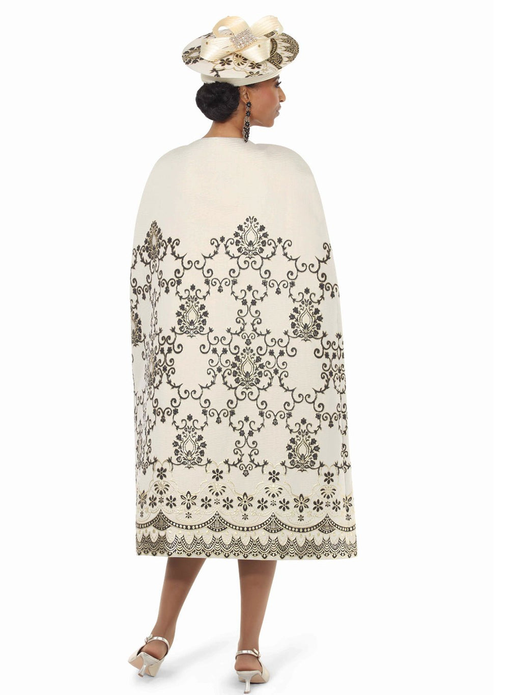 Lisa Rene 2 piece cape and sheath dress champagne with black embroidery | EY