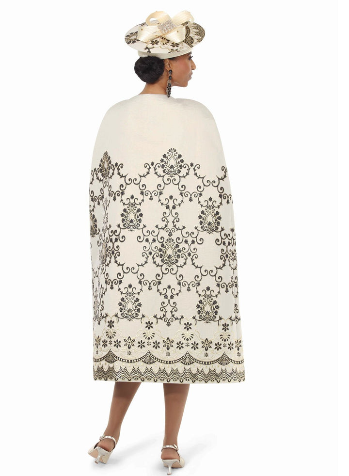 Lisa Rene 2 piece cape and sheath dress champagne with black embroidery | EY