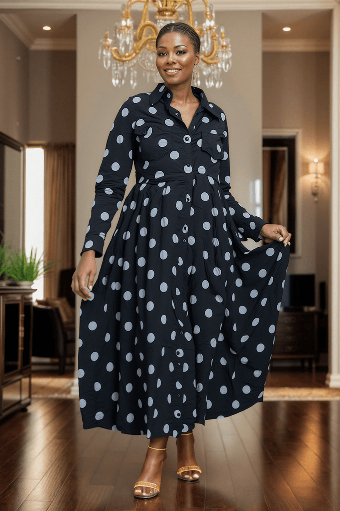 denim polka dress Polka Dot Denim Mini Dress XS