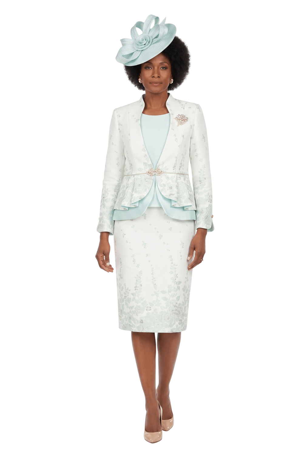 3pc Floral Print Brocade Peplum Jkt Skt Suit - Especially Yours