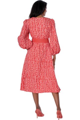 Coral Textured Puff Sleeve Midi Dress with Embellished Gold Buckle Belt