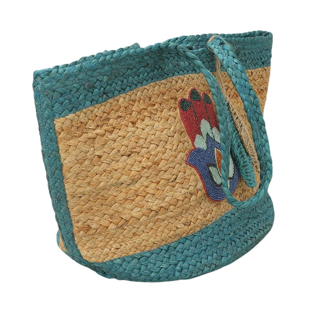 Embroidered Hamsa Hand Motif Accent Leaf Bag Charm Straw Woven Shoulder Tote Bag - Especially Yours