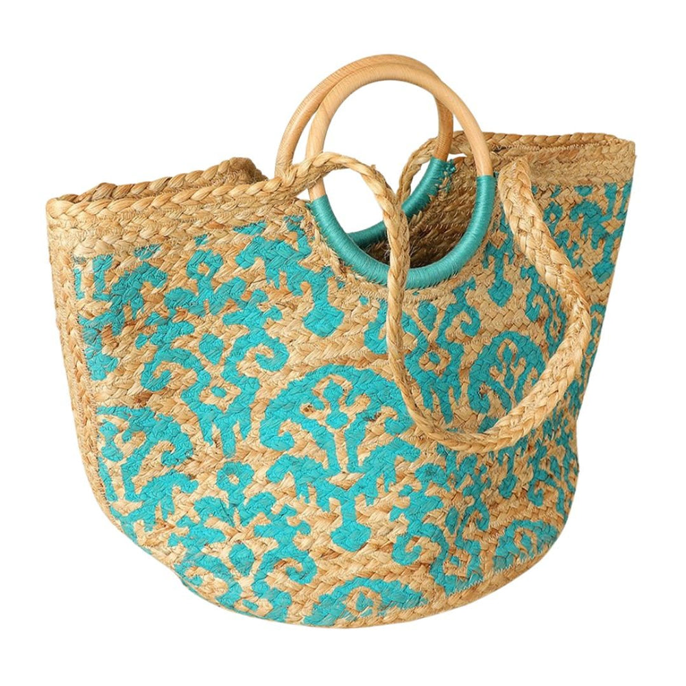 Abstract Pattern Wooden Top Handle Woven Tote Bag - Especially Yours