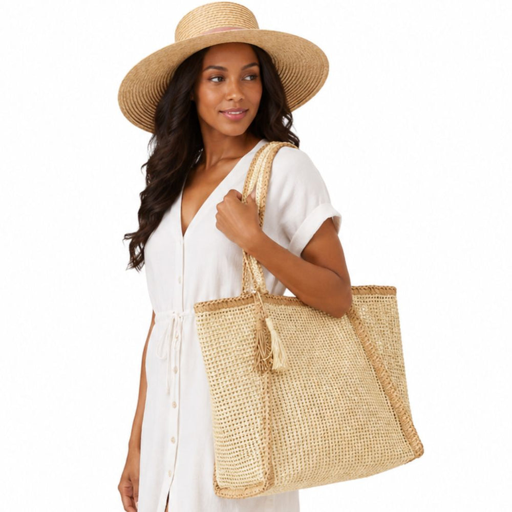 Tassel Accent Two Tone Woven Straw Tote Bag - Especially Yours