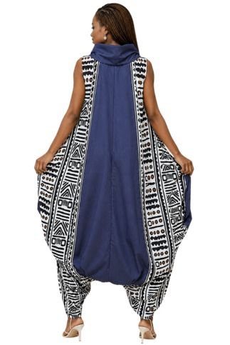 7702 -Mixed Denim and Print Cow Neck Jumpsuit/Dress