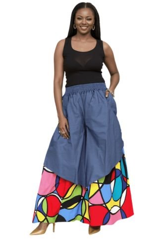 7645D Authentic African Print Denim Overlay Wide Leg Pant