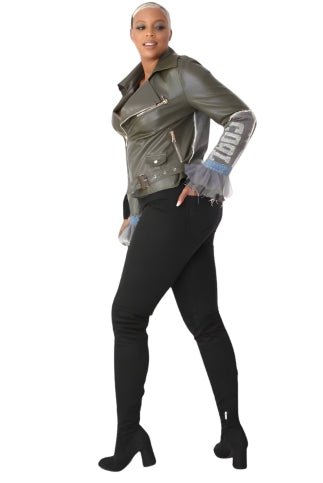 Leather Jacket with Denim Patchwork & Tulle Cuffs -81827 - Especially Yours