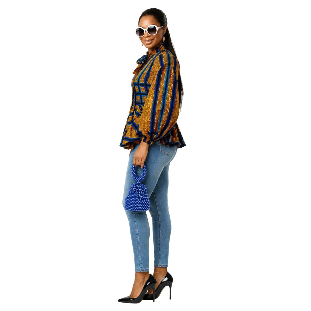 BIBI AFRICAN PRINT TIE NECK PEPLUM TOP [BLUE] - Especially Yours