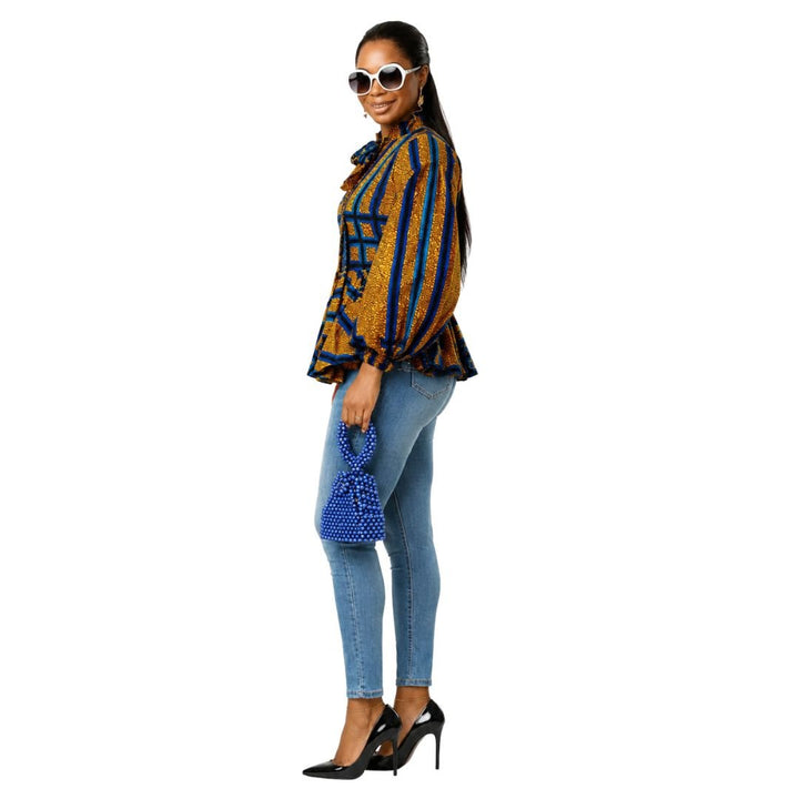 BIBI AFRICAN PRINT TIE NECK PEPLUM TOP [BLUE] - Especially Yours