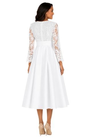 Graceful White Lace Slv Tea - Length Dress - Plus - Especially Yours