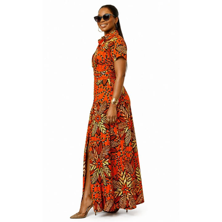 NANNY AFRICAN PRINT MAXI A - LINE SHIRT DRESS [ORANGE] - Especially Yours