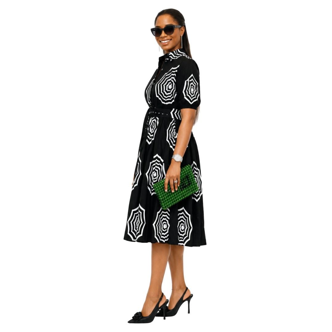 MOREMI AFRICAN PRINT BUTTON DOWN DRESS [BLACK] - Especially Yours