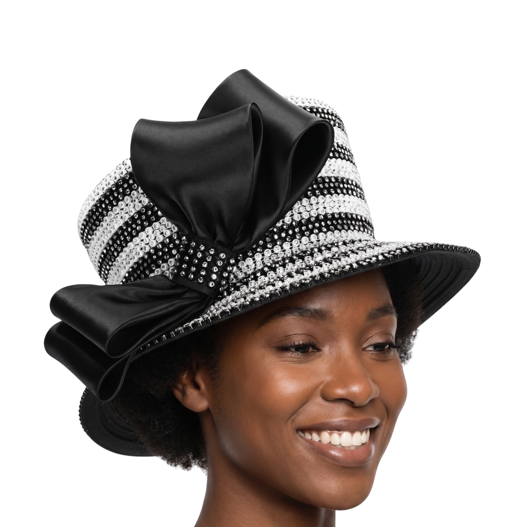Rhinestone Striped Bow Wide-Brim Couture Hat