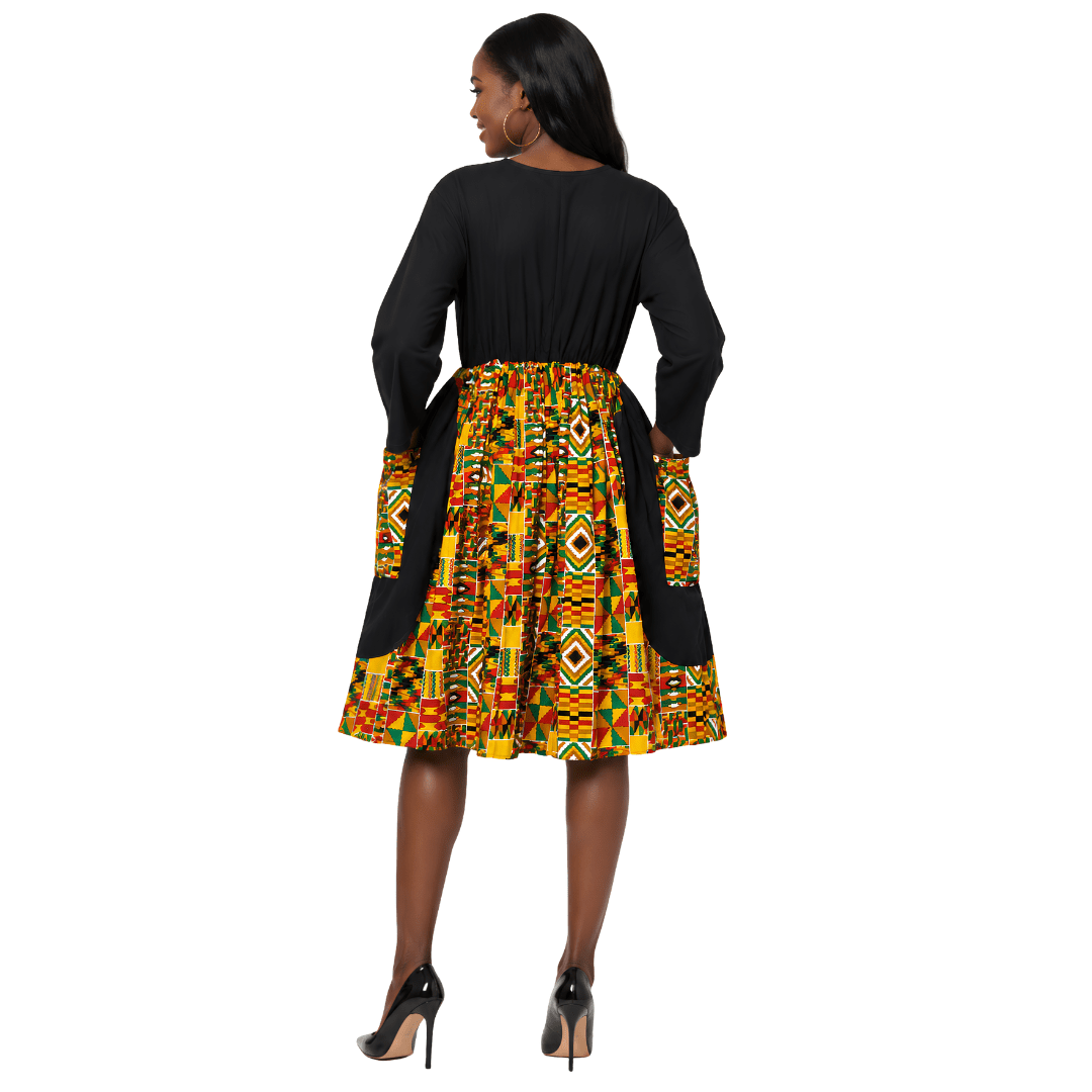 Women's Duo-Tone Solid & African Printed Dress | Round Neckline