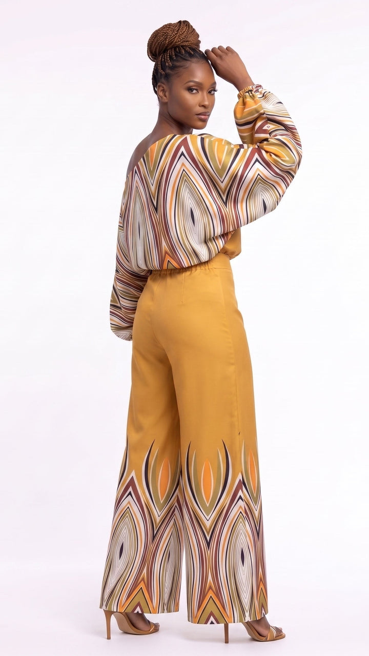 Off-Shoulder Border Print Pantset – Studio EY