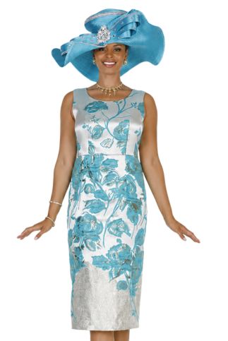 2-Piece Teal Satin Duster & Metallic Floral Jacquard Dress Set - 6255