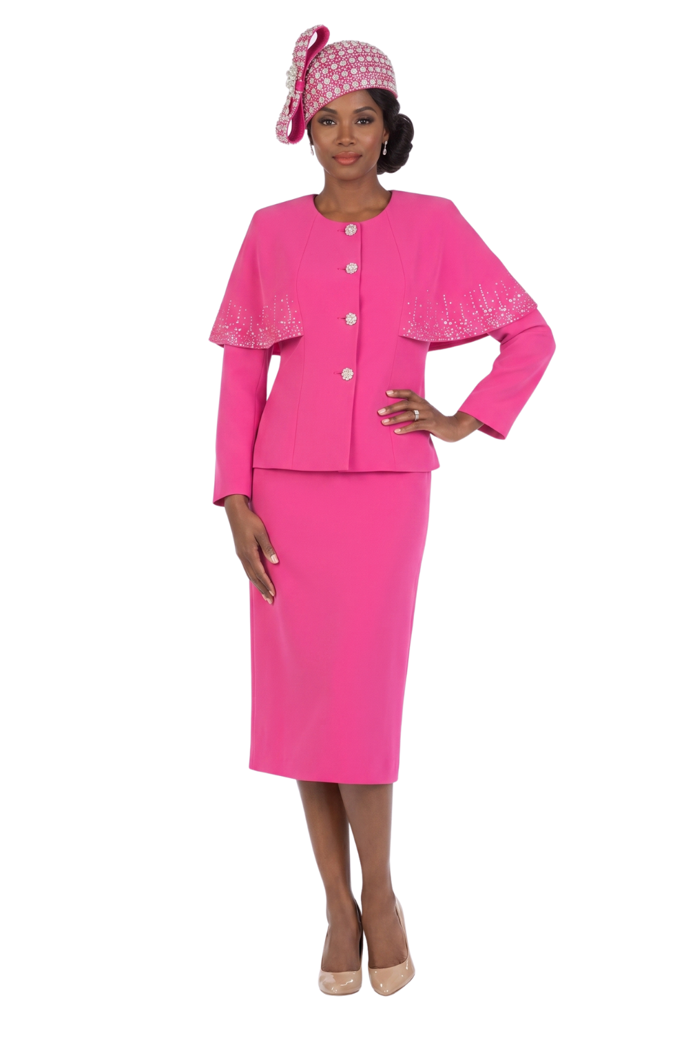 2-Piece Rhinestone Cape Skirt Suit with Stoned Cuffs – Plus Size