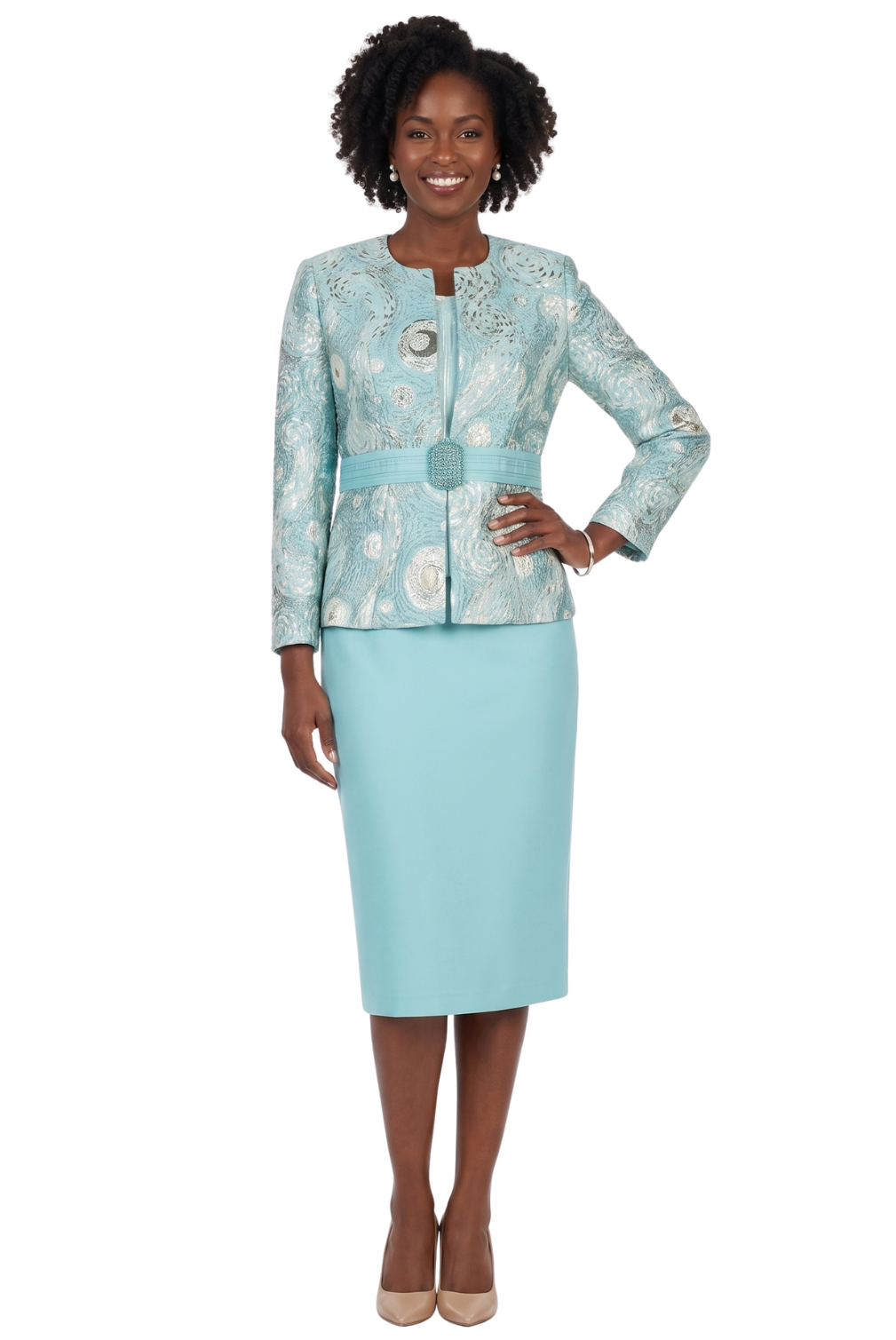 3pc Classic Brocade+Silky Twill Skirt Suit-Plus