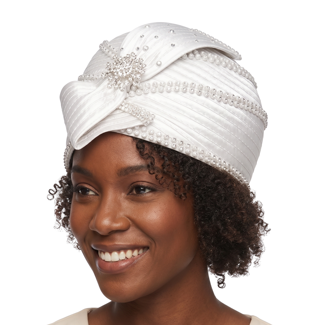 Round Ribbon Hat w/ Brooch and Rhinestoned Strip